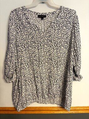 Lane Bryant Plus Size Blouse White/Blue floral Roll Sleeves Size 26